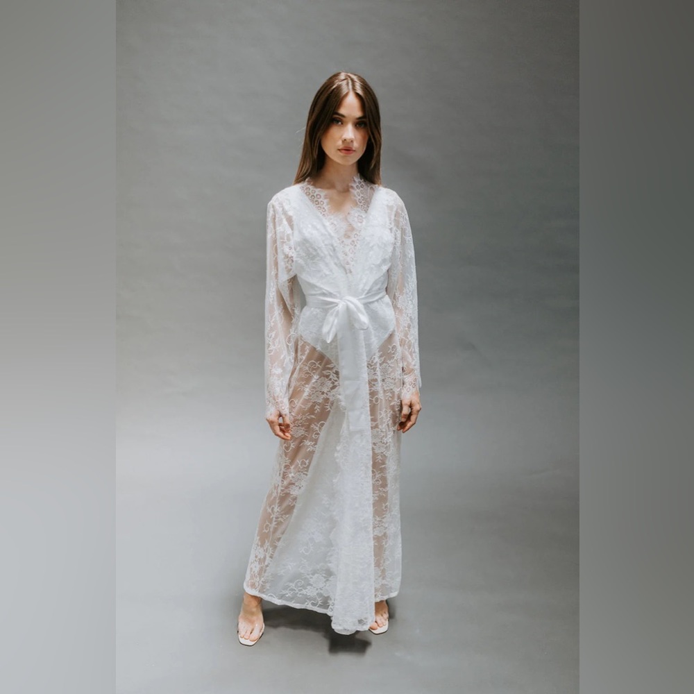 Untamed Petals Glowing Lace floor length lace robe satin tie sweet eyelet lace